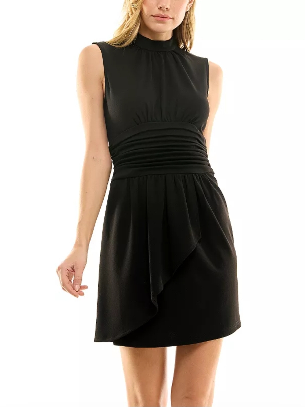 Nicole Miller Black High-Neck Sleeveless Ruched-Waist Mini Dress